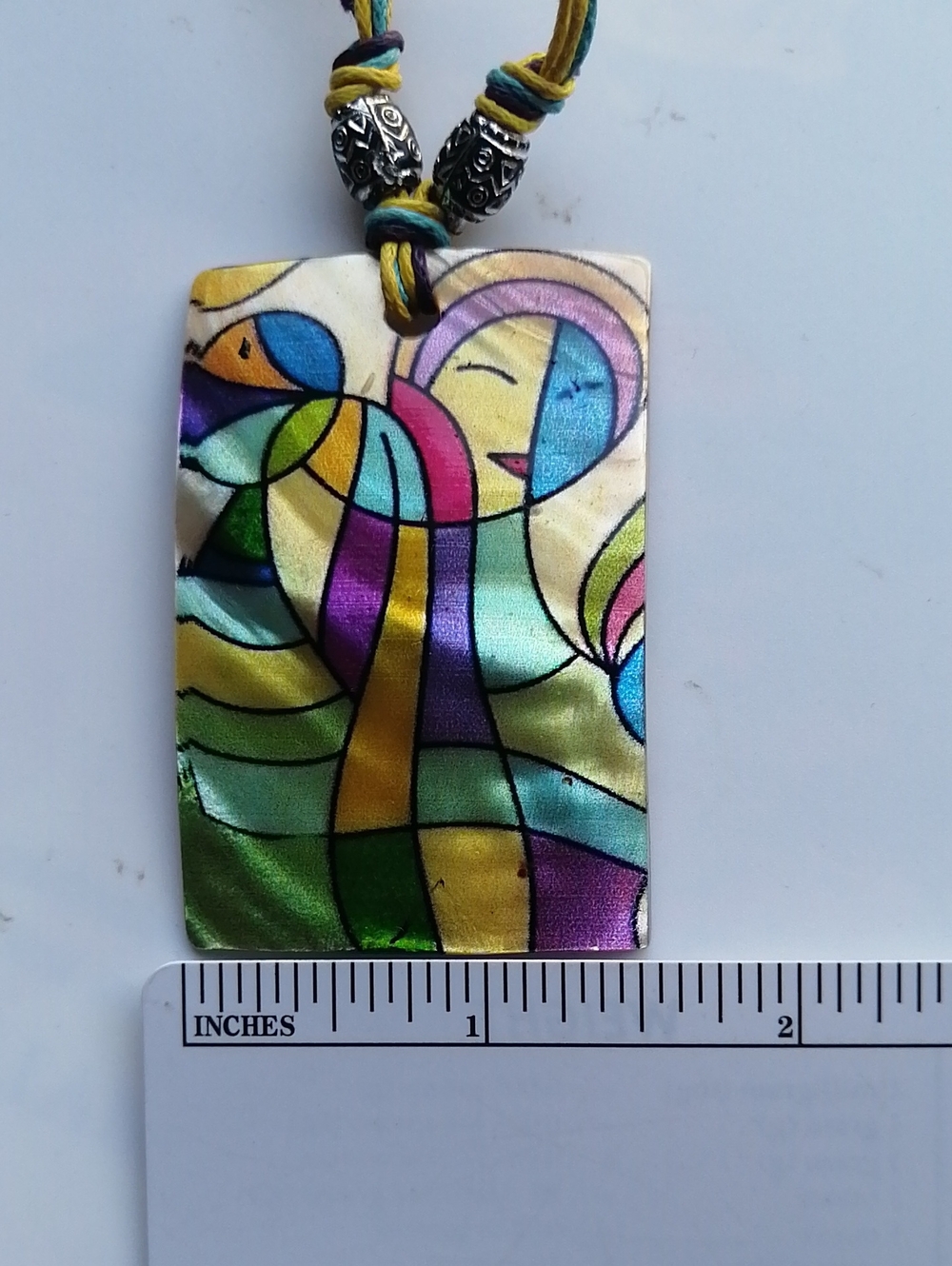 Multicolour Abstract Modernist Cubist MOP Shell Rectangular Pendant Necklace - Picture 6 of 7